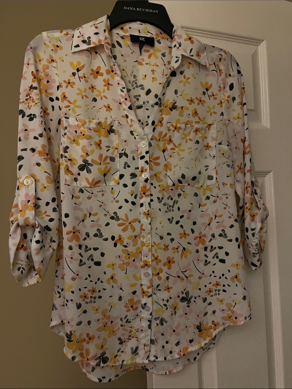 IZ Byer White Floral Button-Down Shirt with Yellow and Pink